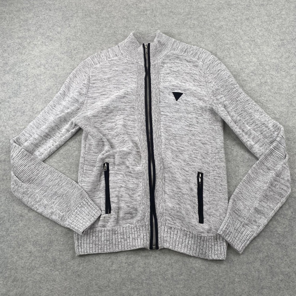 Guess Sweater Mens Medium Gray Full Zip Mock Neck Knit Cardigan Pockets Logo